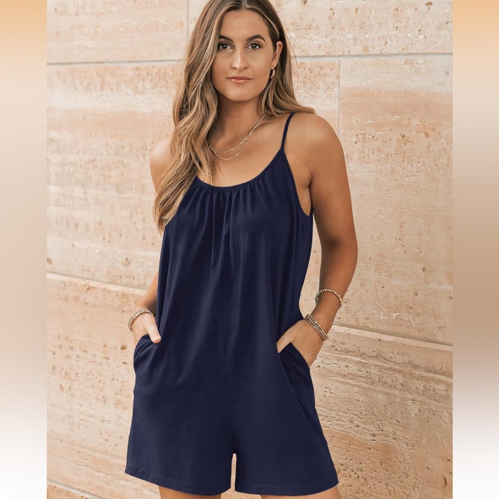 Navy Blue Knit Romper Adjustable Straps Pockets Maternity Friendly Size XL